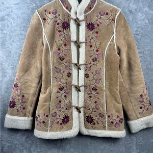 St. John’s Bay Embroidered Suede Fleece Lined Toggle Coat Jacket Medium Women's